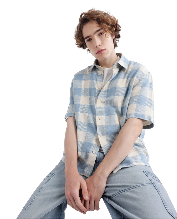 Rare Rabbit Men's Vexlum Light Blue Cotton Fabric Short Sleeve Regular Collared Button Closure Gingham Check Shirt