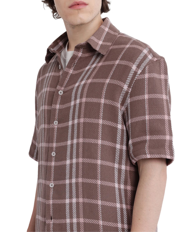 Rare Rabbit Men's Vexlum Light Brown Cotton Fabric Short Sleeve Collared Neck Button Closure Printed Shirt