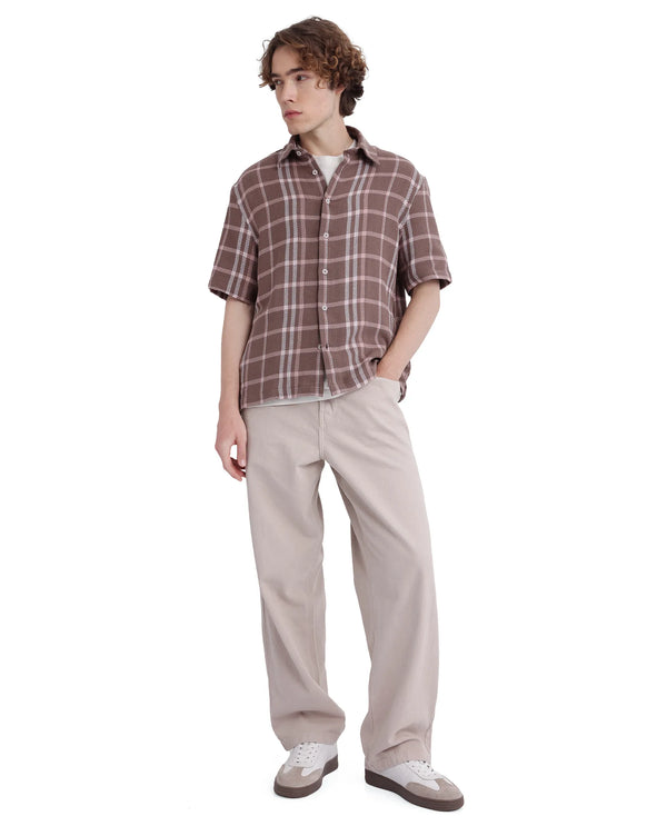 Rare Rabbit Men's Vexlum Light Brown Cotton Fabric Short Sleeve Collared Neck Button Closure Printed Shirt
