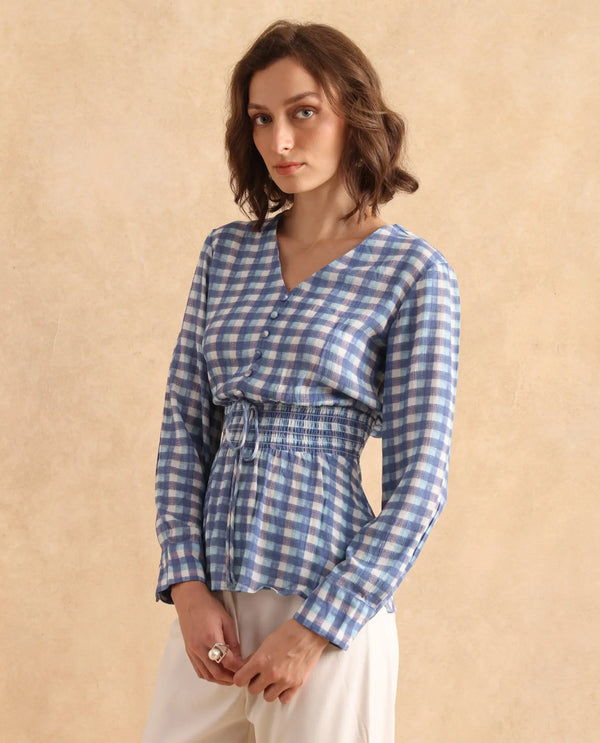 Rareism Women Vibooy Blue Cuffed Sleeve V-Neck Regular Fit Flannel Print Top