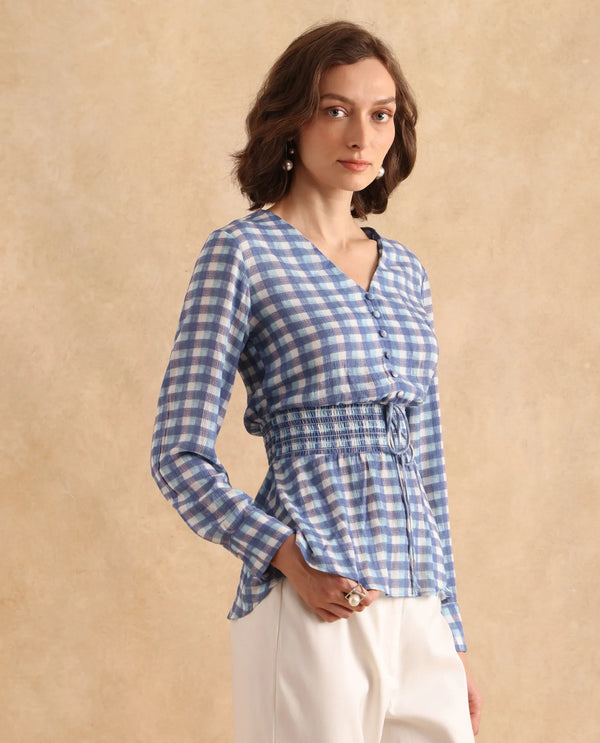 Rareism Women Vibooy Blue Cuffed Sleeve V-Neck Regular Fit Flannel Print Top