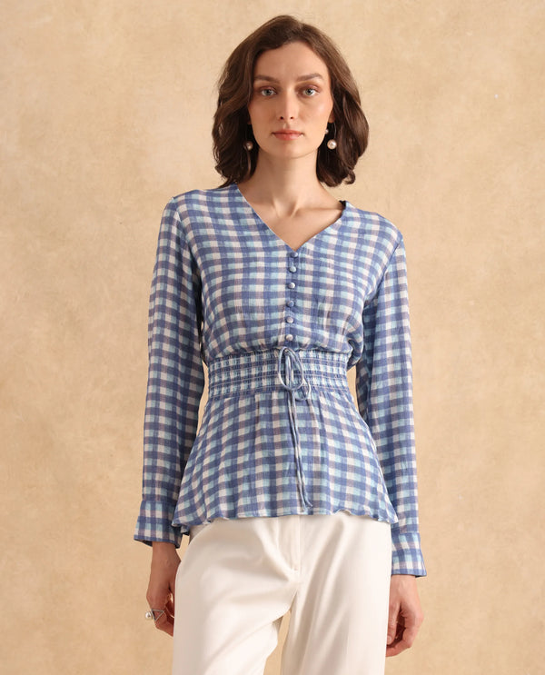 Rareism Women Vibooy Blue Cuffed Sleeve V-Neck Regular Fit Flannel Print Top