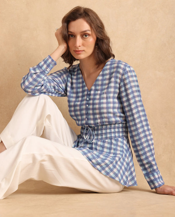Rareism Women Vibooy Blue Cuffed Sleeve V-Neck Regular Fit Flannel Print Top