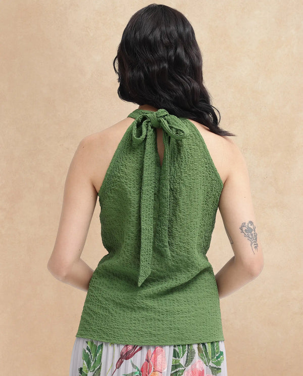 Rareism Women Vicenza Dark Green Sleeveless Halter Neck Plain Top