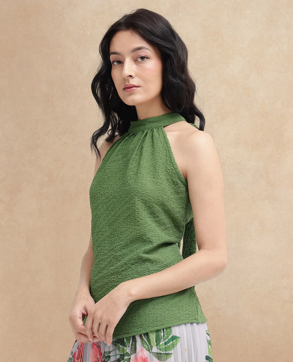 Rareism Women Vicenza Dark Green Sleeveless Halter Neck Plain Top