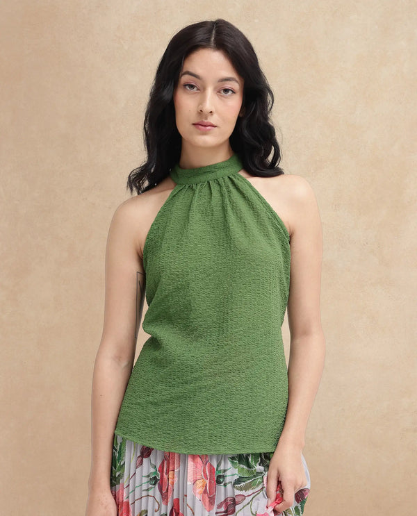 Rareism Women Vicenza Dark Green Sleeveless Halter Neck Plain Top