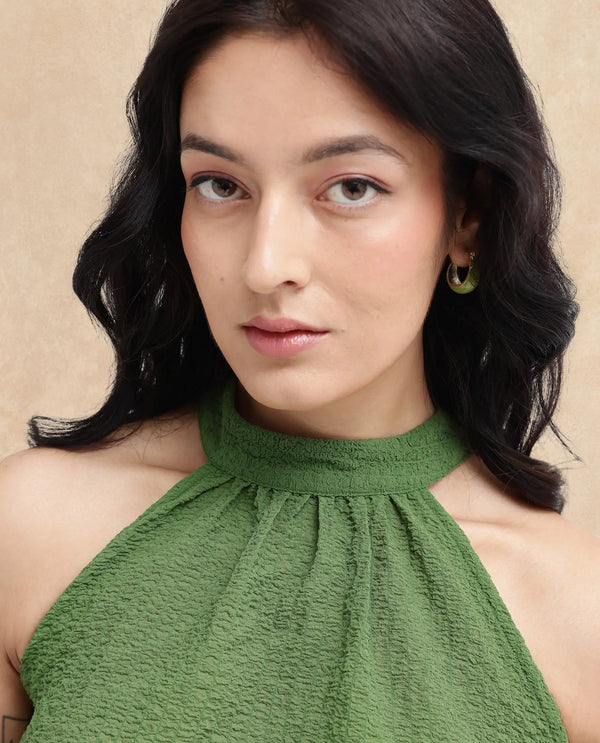 Rareism Women Vicenza Dark Green Sleeveless Halter Neck Plain Top