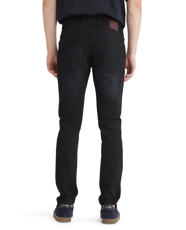 Rare Rabbit Men Victo Navy Cotton Polyester Fabric Mid Rise Slim Fit Dark Wash Plain Denim Trousers