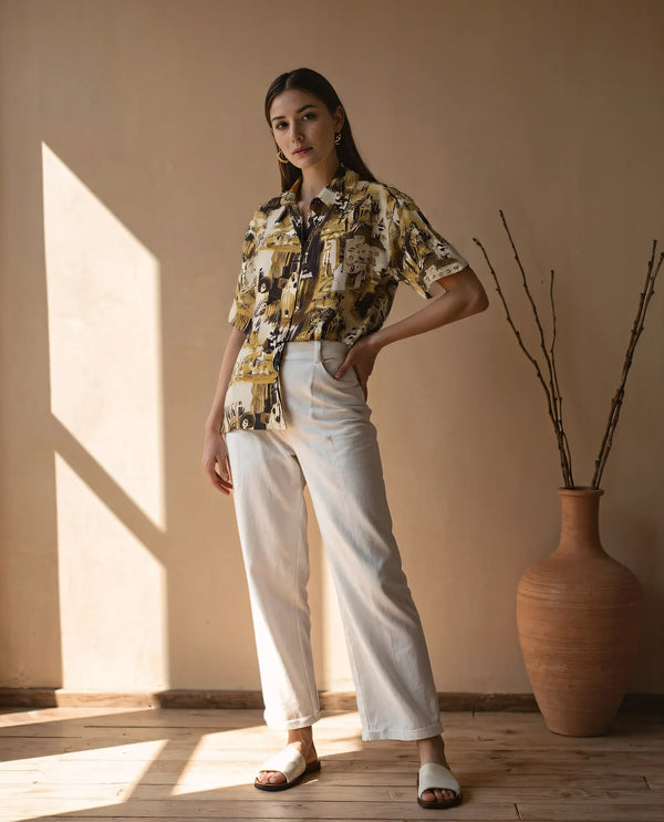 Rareism Women Victoria Multi Short Sleeve Collared Neck Button Closure Boxy Fit Object Print Top