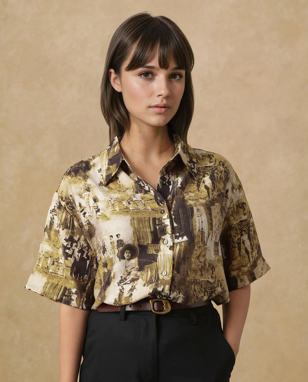 Rareism Women Victoria Multi Short Sleeve Collared Neck Button Closure Boxy Fit Object Print Top