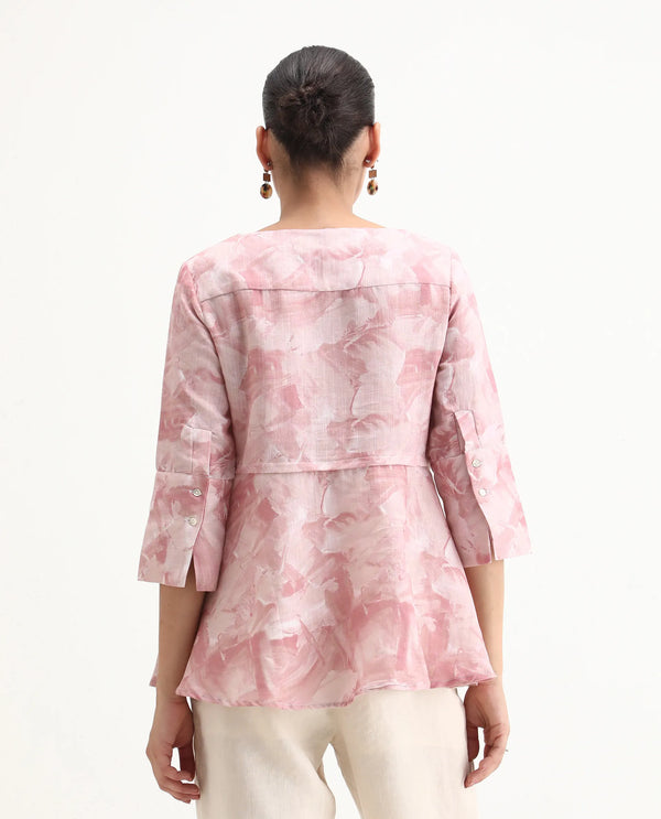 Rareism Womens Victor Pink Top Cotton Linen Fabric Regular Fit Cuff Sleeves Tie Up  Neck