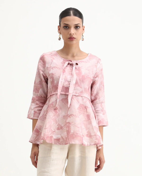 Rareism Womens Victor Pink Top Cotton Linen Fabric Regular Fit Cuff Sleeves Tie Up  Neck