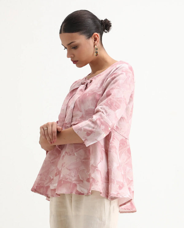 Rareism Womens Victor Pink Top Cotton Linen Fabric Regular Fit Cuff Sleeves Tie Up  Neck
