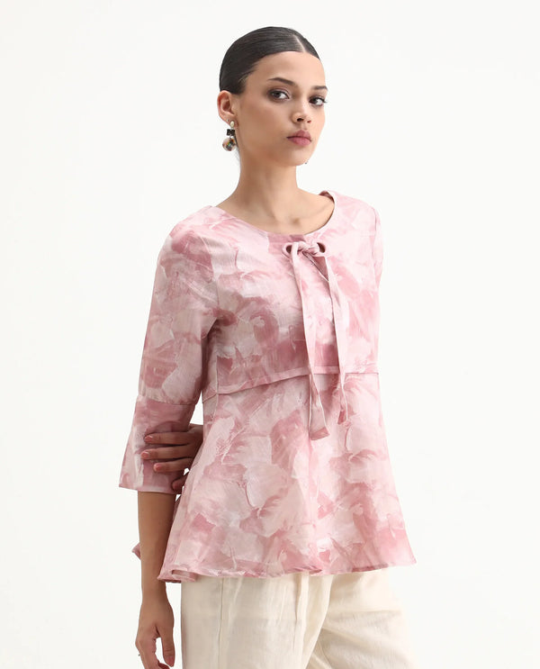 Rareism Womens Victor Pink Top Cotton Linen Fabric Regular Fit Cuff Sleeves Tie Up  Neck