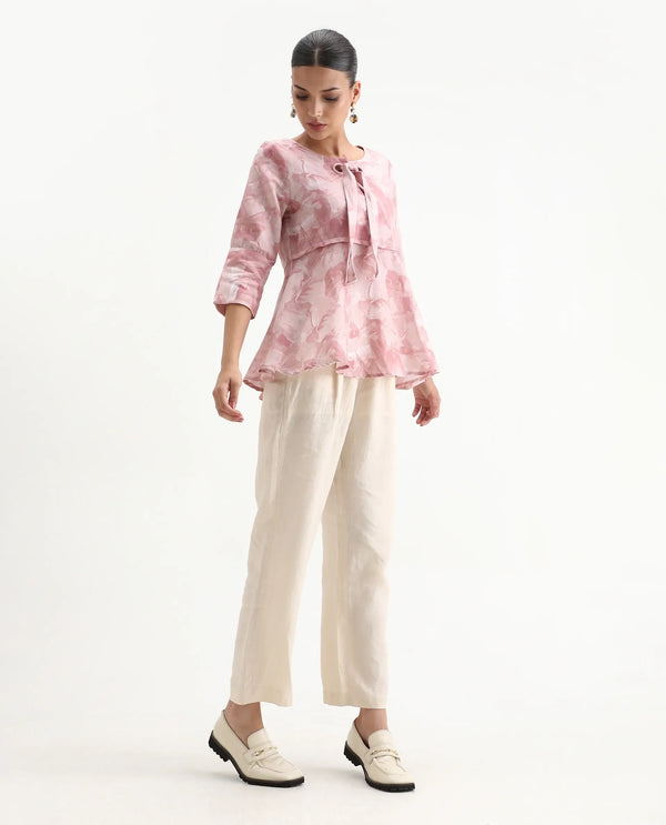 Rareism Womens Victor Pink Top Cotton Linen Fabric Regular Fit Cuff Sleeves Tie Up  Neck