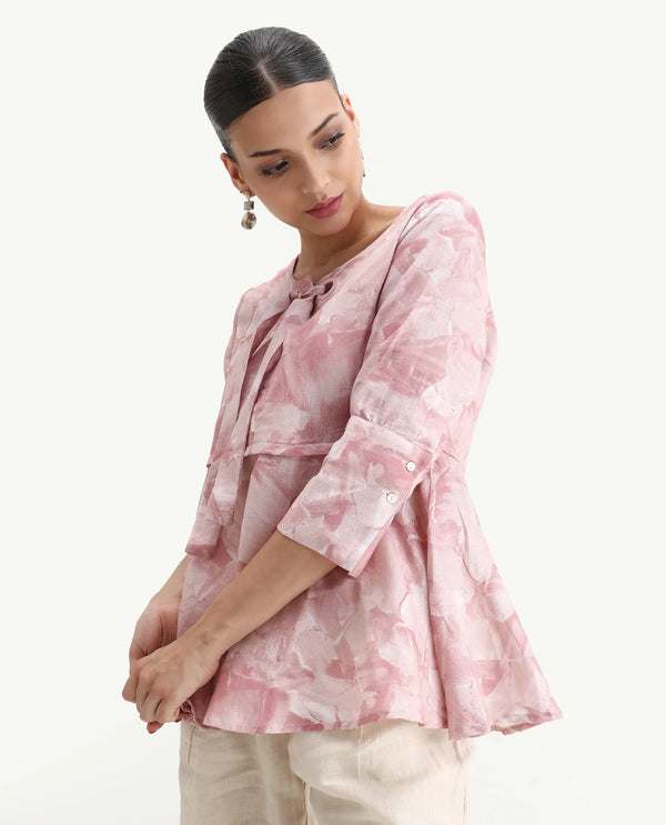 Rareism Womens Victor Pink Top Cotton Linen Fabric Regular Fit Cuff Sleeves Tie Up  Neck