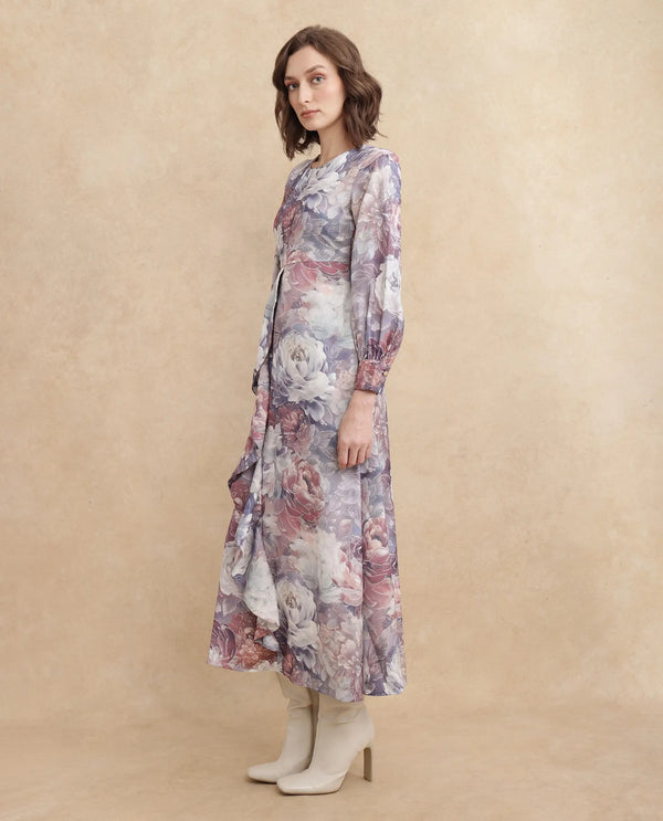 Rareism Women's Vienne Light Multi Satin Fabric Round Neck Slip-On Closure Puff Sleeve Floral Print Flared Maxi Dress