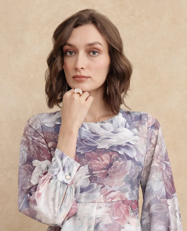 Rareism Women's Vienne Light Multi Satin Fabric Round Neck Slip-On Closure Puff Sleeve Floral Print Flared Maxi Dress