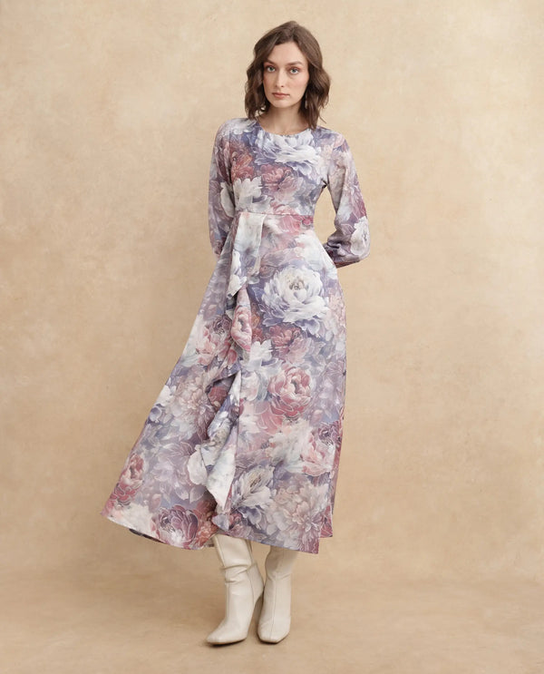 Rareism Women's Vienne Light Multi Satin Fabric Round Neck Slip-On Closure Puff Sleeve Floral Print Flared Maxi Dress