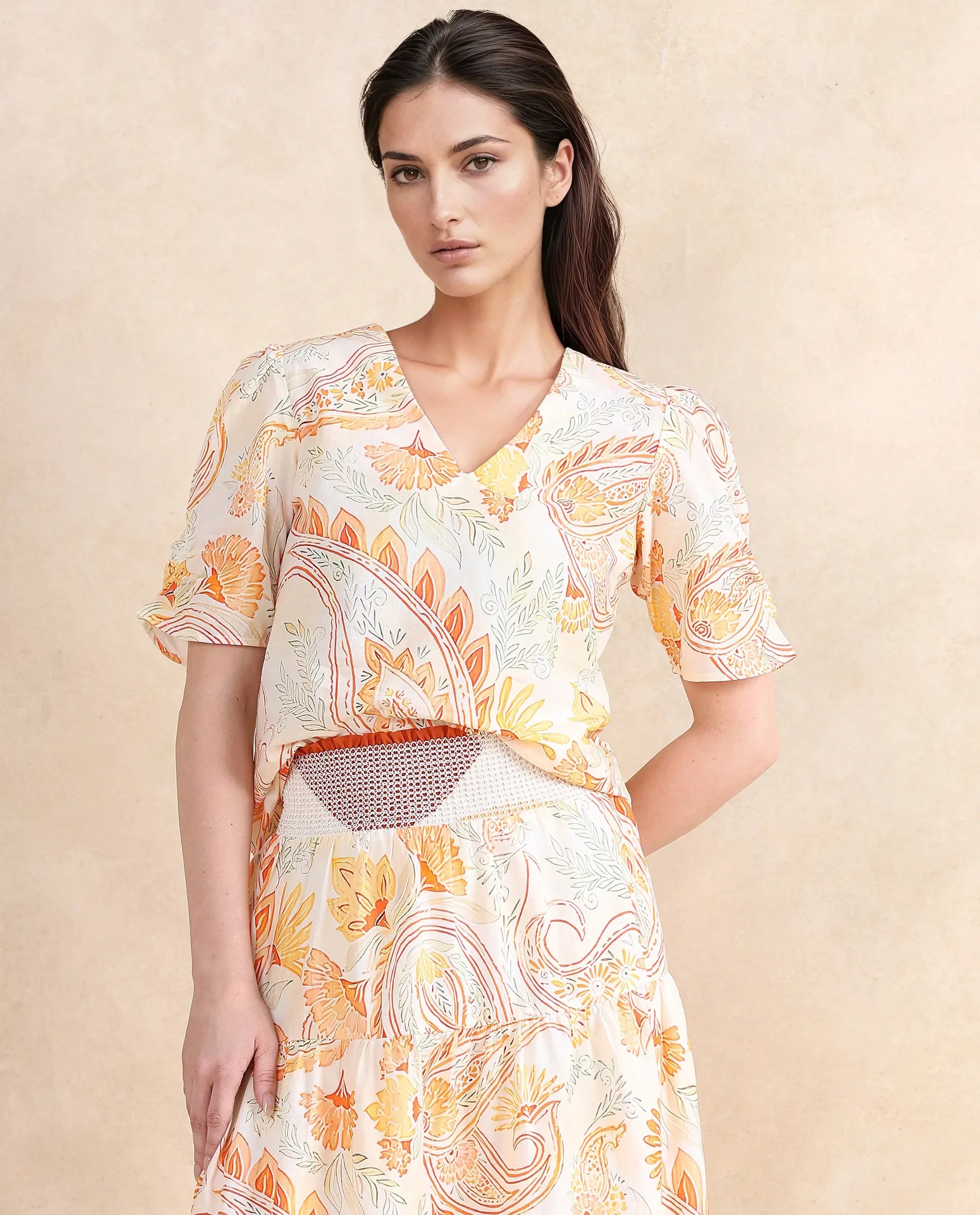 Rareism Women Vigeveno Light Multi Puff Sleeves V-Neck Paisley Print Top
