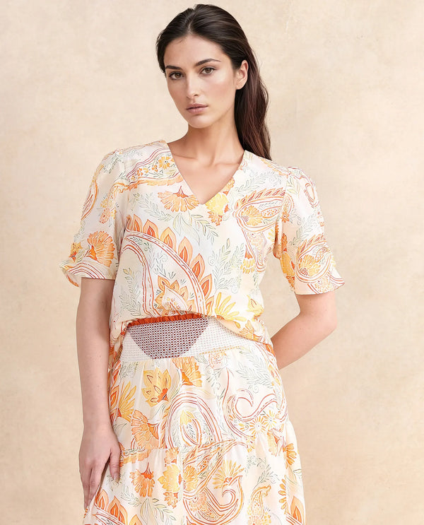 Rareism Women Vigeveno Light Multi Puff Sleeves V-Neck Paisley Print Top