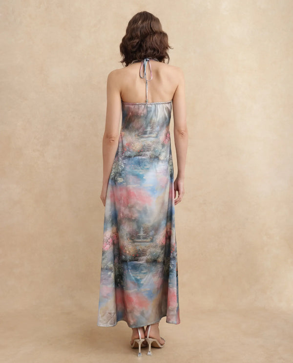 Rareism Women's Villeur Multi Satin Fabric Cowl Neck Tie-Up Closure Sleeveless Floral Print Flared Maxi Dress