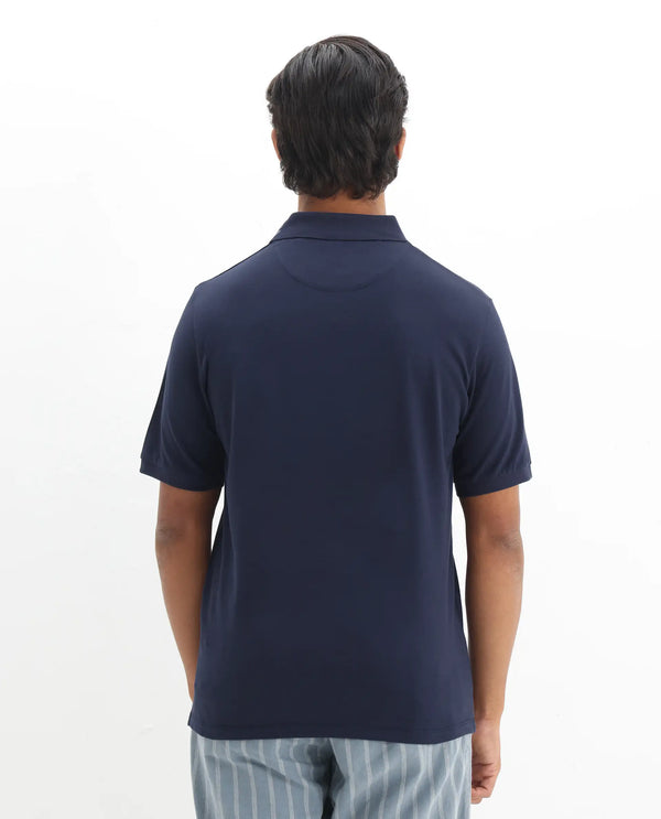Rare Rabbit Men Vinc Navy Cotton Fabric Short Sleeve Silicon Badge Button Closure Plain Polo