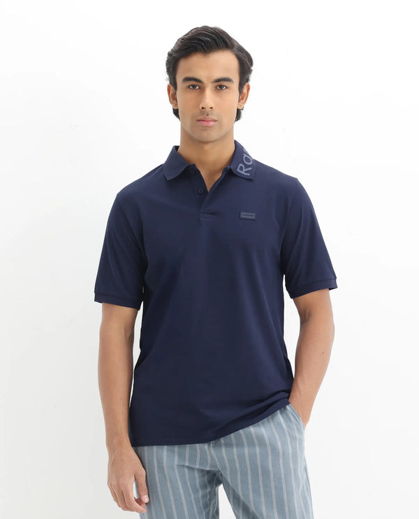 Rare Rabbit Men Vinc Navy Cotton Fabric Short Sleeve Silicon Badge Button Closure Plain Polo