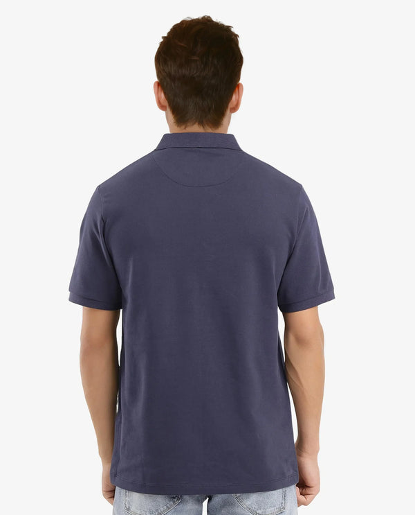 Rare Rabbit Men Vinc Navy Cotton Fabric Short Sleeve Silicon Badge Button Closure Plain Polo