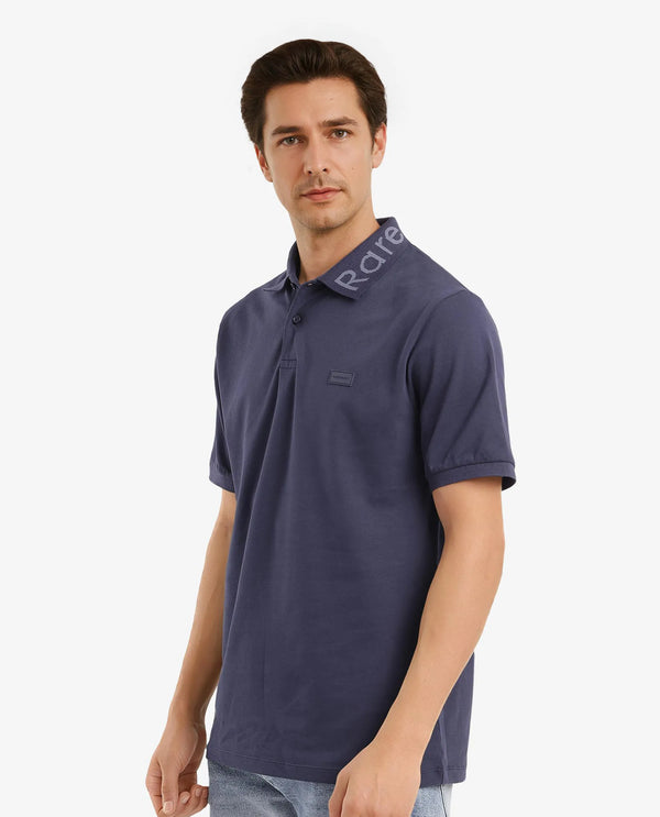Rare Rabbit Men Vinc Navy Cotton Fabric Short Sleeve Silicon Badge Button Closure Plain Polo
