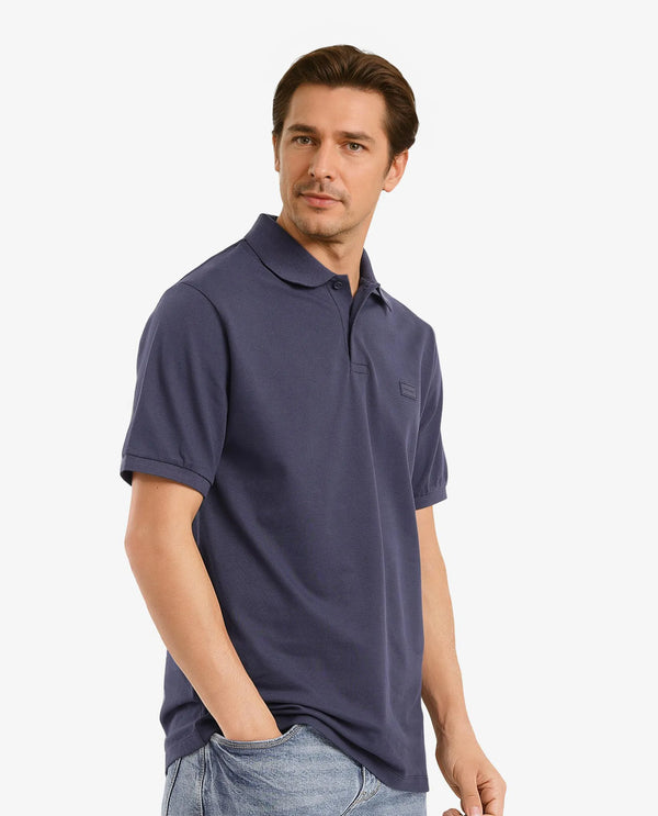 Rare Rabbit Men Vinc Navy Cotton Fabric Short Sleeve Silicon Badge Button Closure Plain Polo