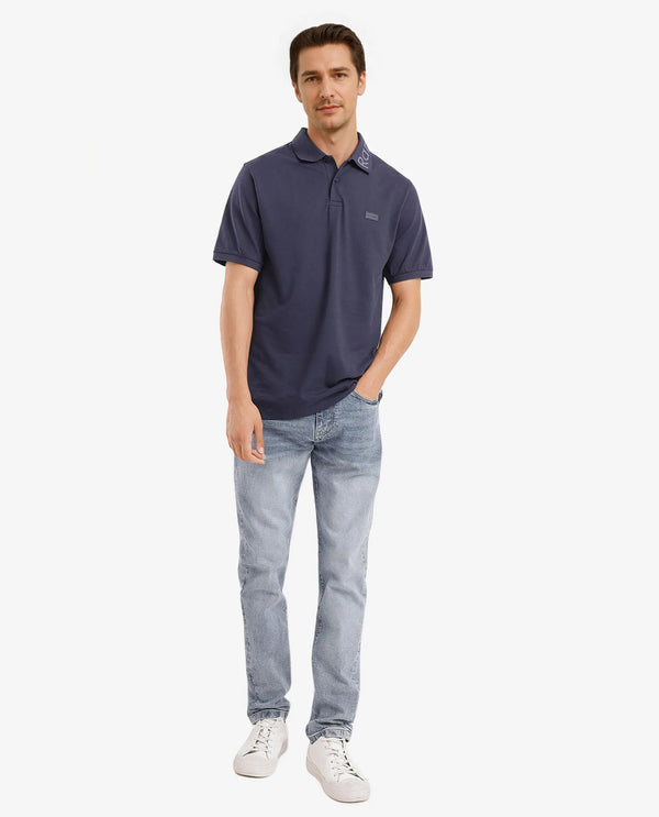 Rare Rabbit Men Vinc Navy Cotton Fabric Short Sleeve Silicon Badge Button Closure Plain Polo