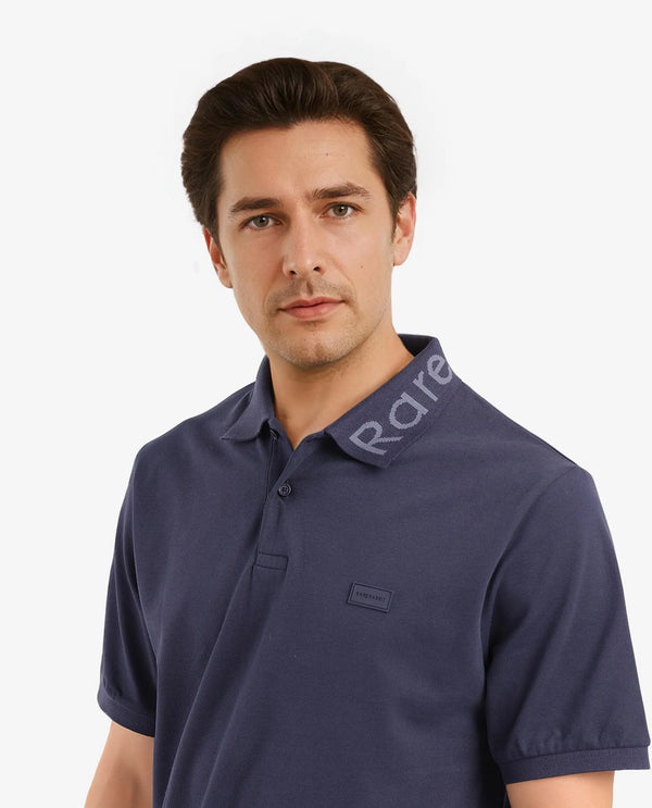 Rare Rabbit Men Vinc Navy Cotton Fabric Short Sleeve Silicon Badge Button Closure Plain Polo