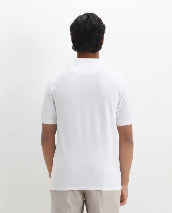 Rare Rabbit Men Vinc White Cotton Fabric Short Sleeve Silicon Badge Button Closure Plain Polo