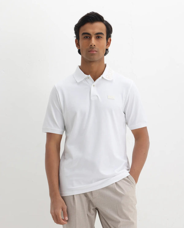 Rare Rabbit Men Vinc White Cotton Fabric Short Sleeve Silicon Badge Button Closure Plain Polo