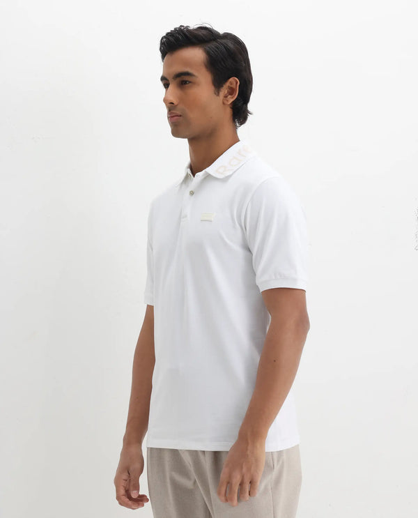 Rare Rabbit Men Vinc White Cotton Fabric Short Sleeve Silicon Badge Button Closure Plain Polo