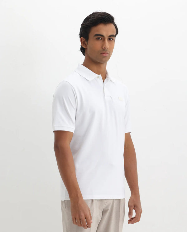 Rare Rabbit Men Vinc White Cotton Fabric Short Sleeve Silicon Badge Button Closure Plain Polo