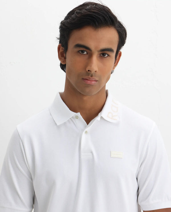 Rare Rabbit Men Vinc White Cotton Fabric Short Sleeve Silicon Badge Button Closure Plain Polo