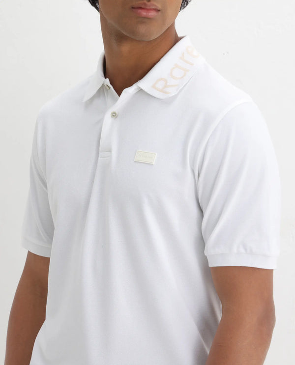 Rare Rabbit Men Vinc White Cotton Fabric Short Sleeve Silicon Badge Button Closure Plain Polo