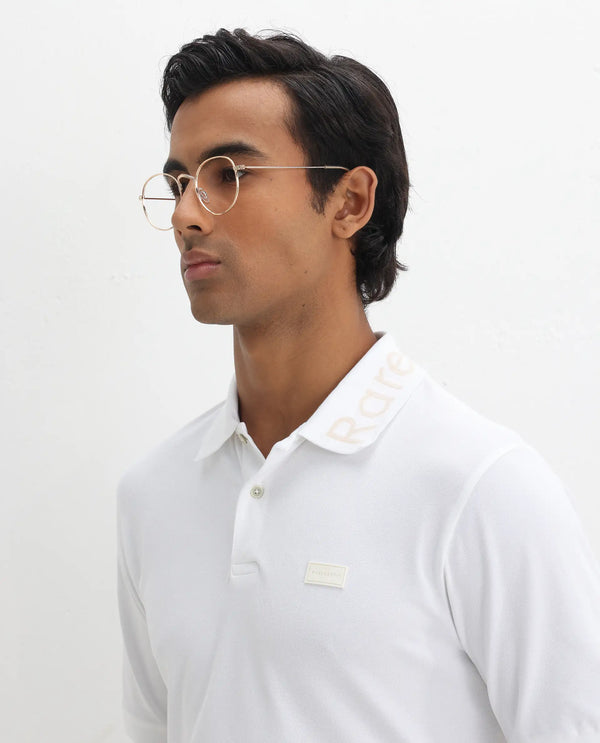 Rare Rabbit Men Vinc White Cotton Fabric Short Sleeve Silicon Badge Button Closure Plain Polo