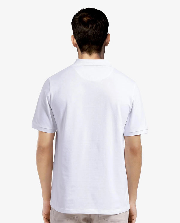 Rare Rabbit Men Vinc White Cotton Fabric Short Sleeve Silicon Badge Button Closure Plain Polo