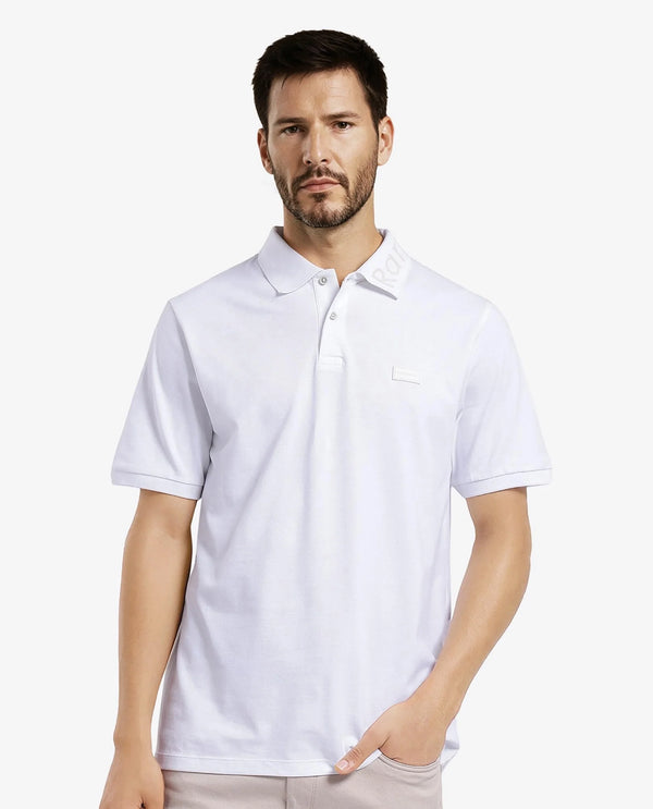 Rare Rabbit Men Vinc White Cotton Fabric Short Sleeve Silicon Badge Button Closure Plain Polo