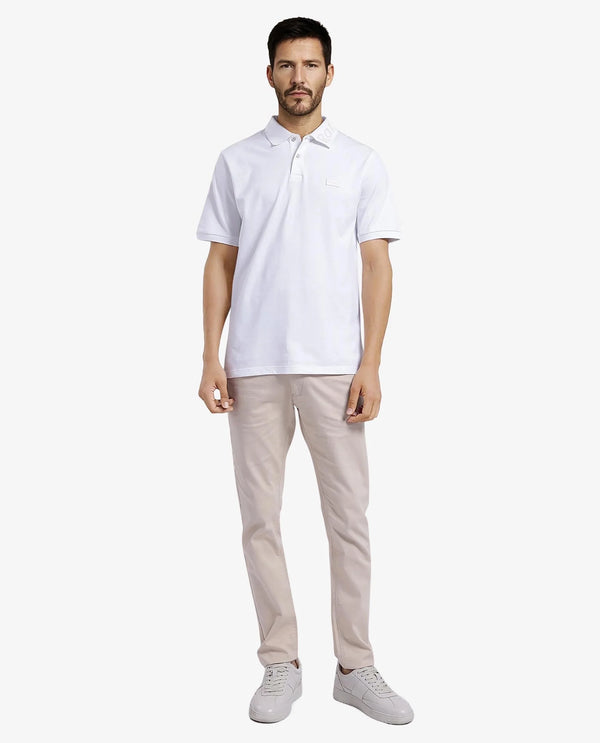 Rare Rabbit Men Vinc White Cotton Fabric Short Sleeve Silicon Badge Button Closure Plain Polo