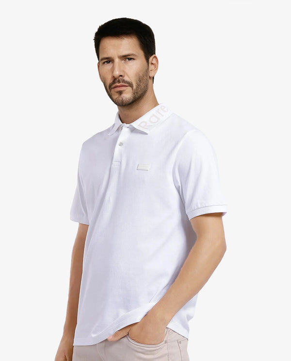 Rare Rabbit Men Vinc White Cotton Fabric Short Sleeve Silicon Badge Button Closure Plain Polo