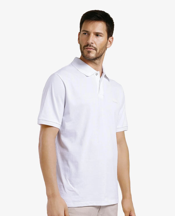 Rare Rabbit Men Vinc White Cotton Fabric Short Sleeve Silicon Badge Button Closure Plain Polo