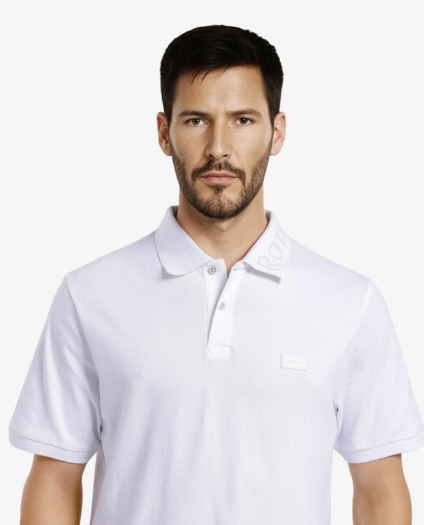 Rare Rabbit Men Vinc White Cotton Fabric Short Sleeve Silicon Badge Button Closure Plain Polo