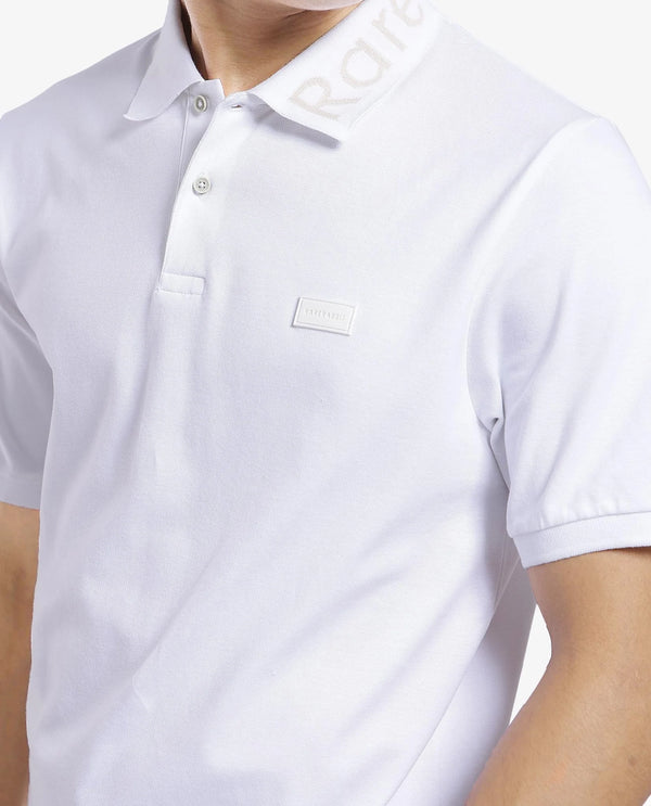 Rare Rabbit Men Vinc White Cotton Fabric Short Sleeve Silicon Badge Button Closure Plain Polo