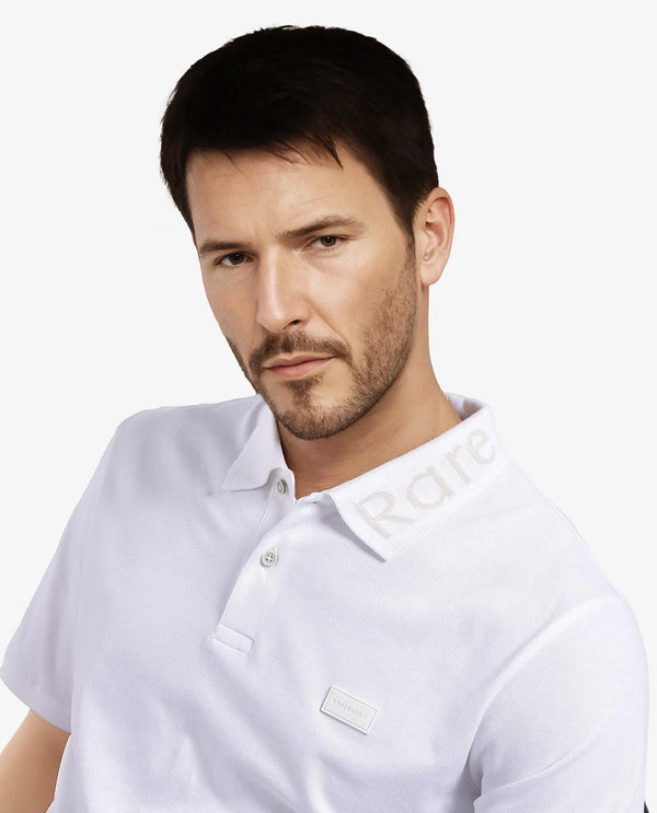 Rare Rabbit Men Vinc White Cotton Fabric Short Sleeve Silicon Badge Button Closure Plain Polo