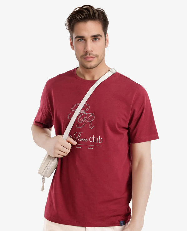 Rare Rabbit Men Vin Red Cotton Lycra Fabric Short Sleeve Crew Neck Regular Fit HD Print T-Shirt
