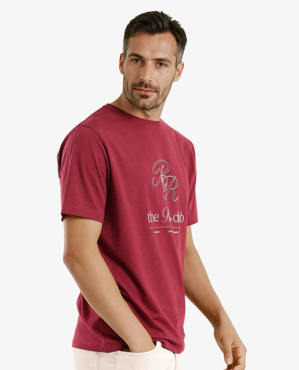 Rare Rabbit Men Vin Red Cotton Lycra Fabric Short Sleeve Crew Neck Regular Fit HD Print T-Shirt